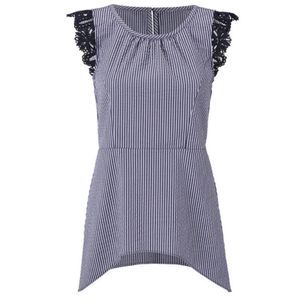 CAbi #5727 Olivia Lace Flutter Top Blue Seersucker Stripe Size Small Cap Sleeve